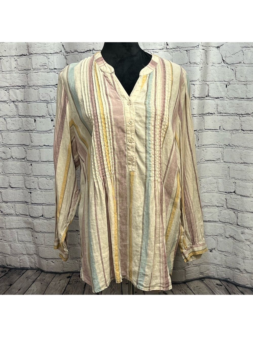 Coldwater Creek Cream & Plum Striped Linen Long Sleeve Button Down Shirt sz 1X